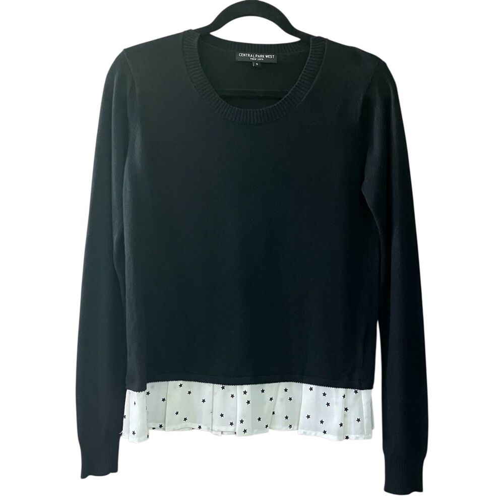 Central Park West split crewneck sweater with star printed ruffle trim